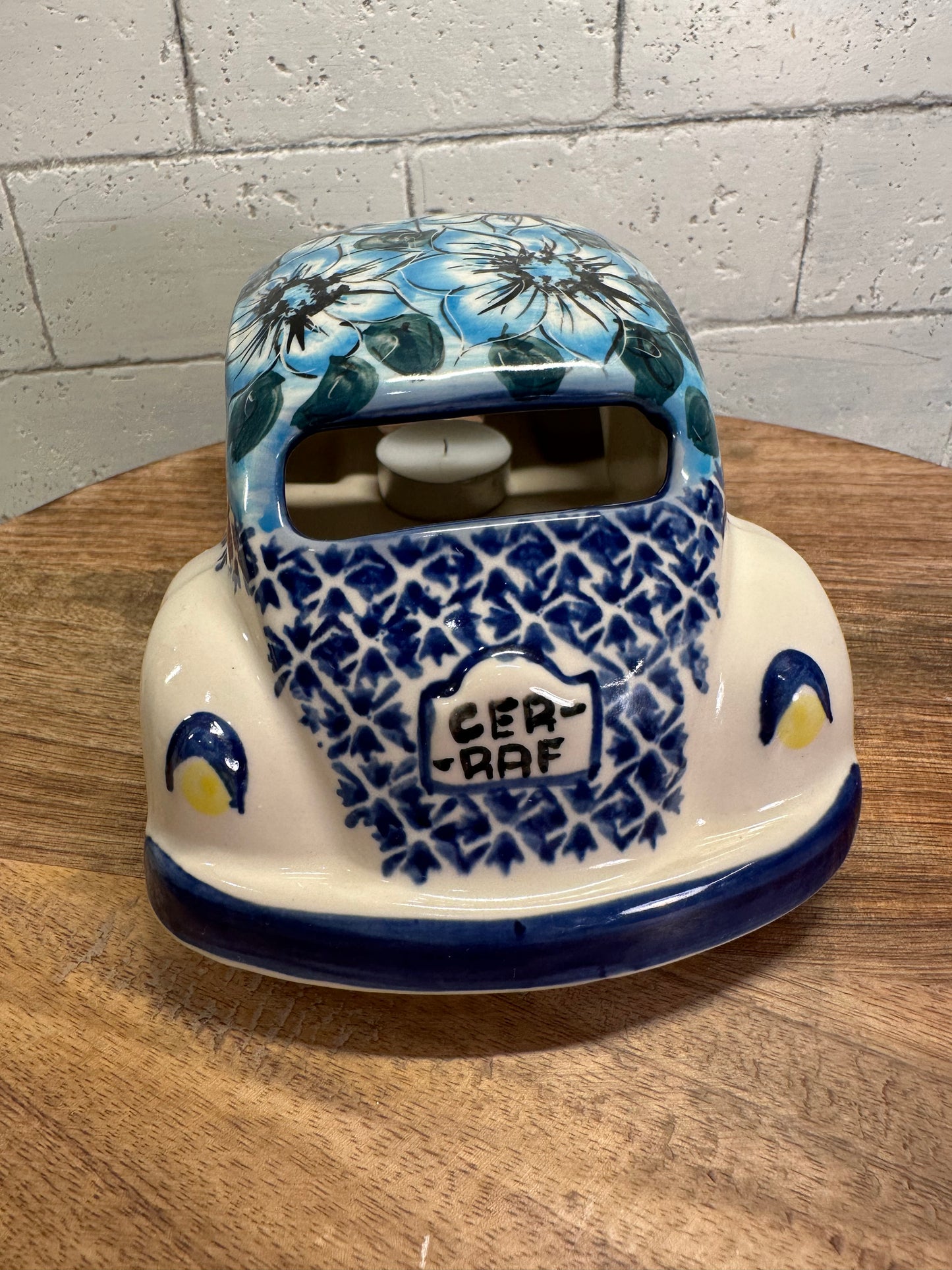CER-RAF Polish Pottery, Unikat Blue Floral "Bug", Car Luminary