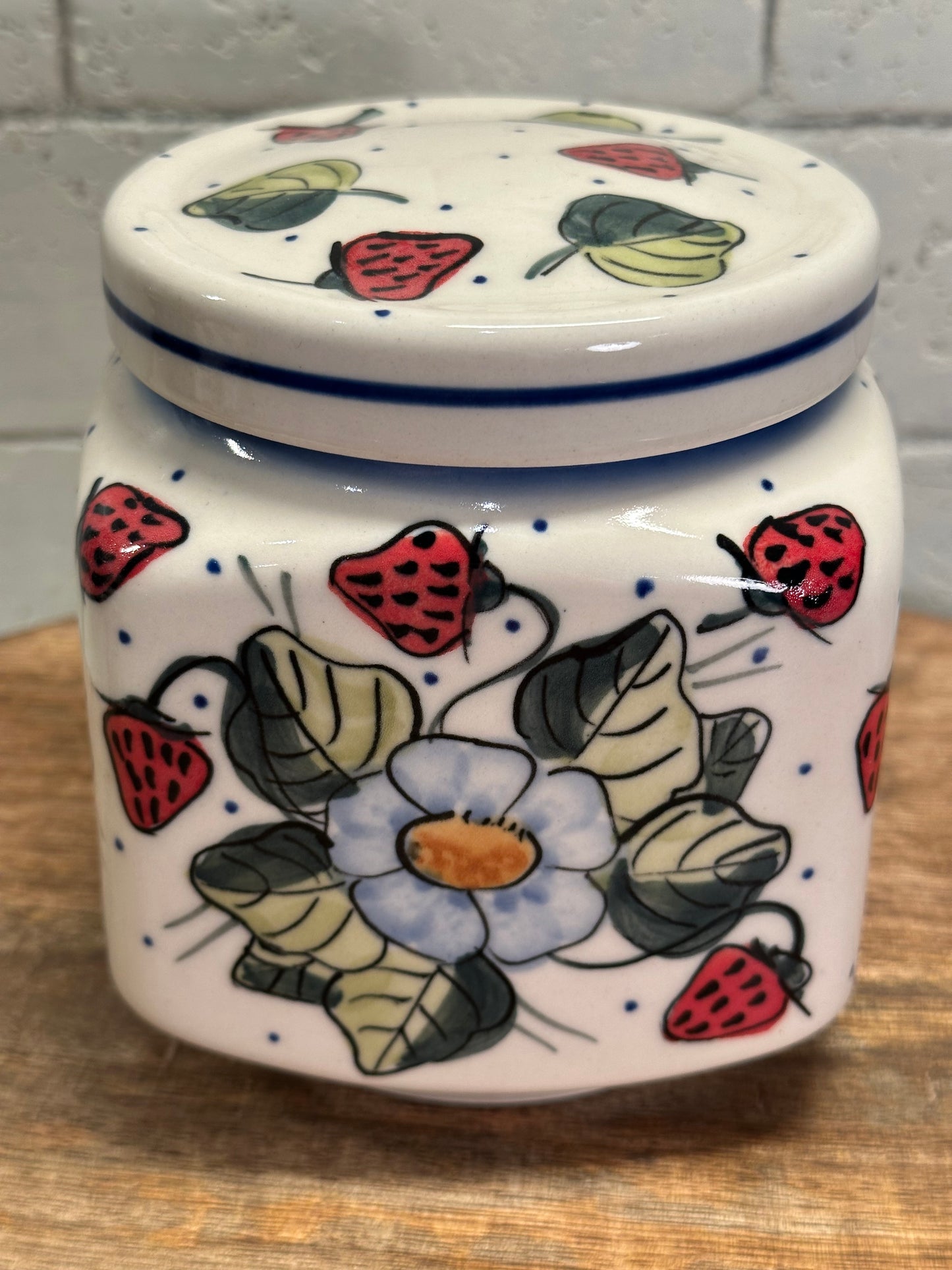 W.R. Polish Pottery, Signature Unikat, Strawberry Blossom, Square, Covered Canister