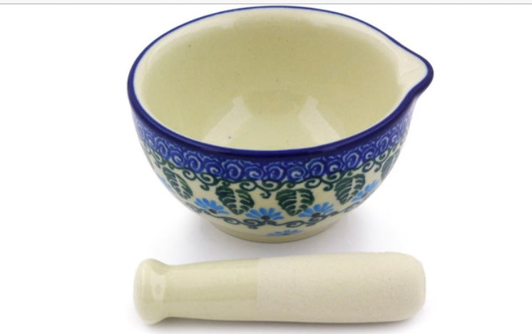 Ceramika Artystyczna Polish Pottery, Unikat Forget Me Not, Small Mortar and Pestle