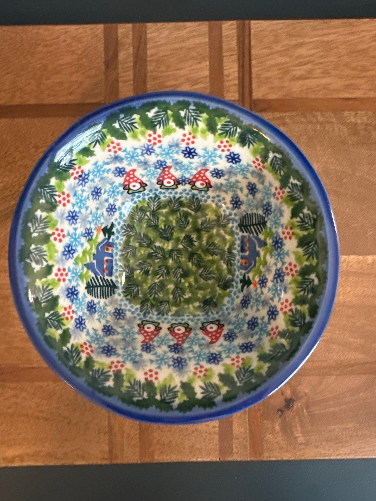 Galia Polish Pottery Winter Gnomes Large Pedestal Bowl