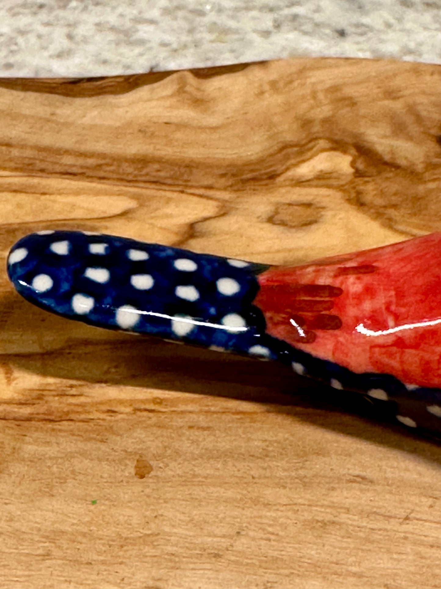 Kalich, Cardinal, Blue Tail with White Polka Dots, Bird Ornament