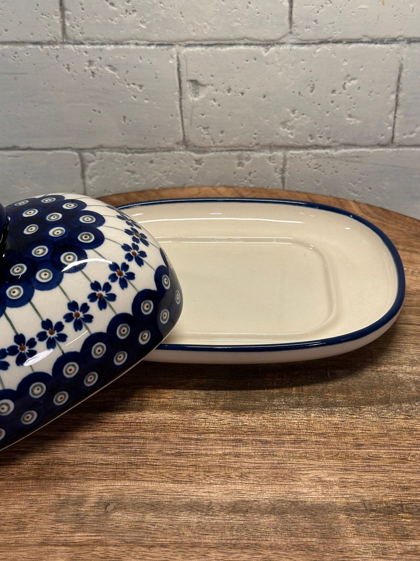 Zaklady Polish Pottery, Traditional Flowering Peacock Butter/Cream Cheese Dish