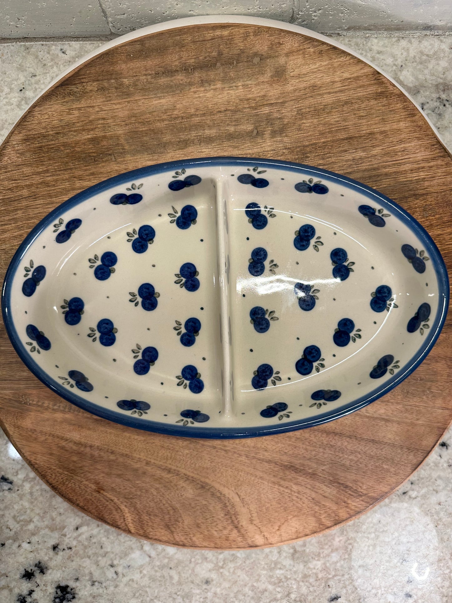Zaklady Polish Pottery, Blueberry Divided Dish, Preowned