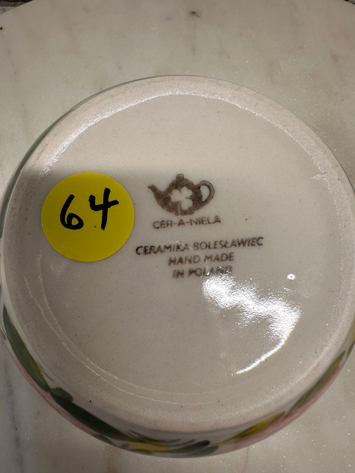 CER-A-NEILA Polish Pottery, Pink Floral with Yellow/Green Bowl, Preowned
