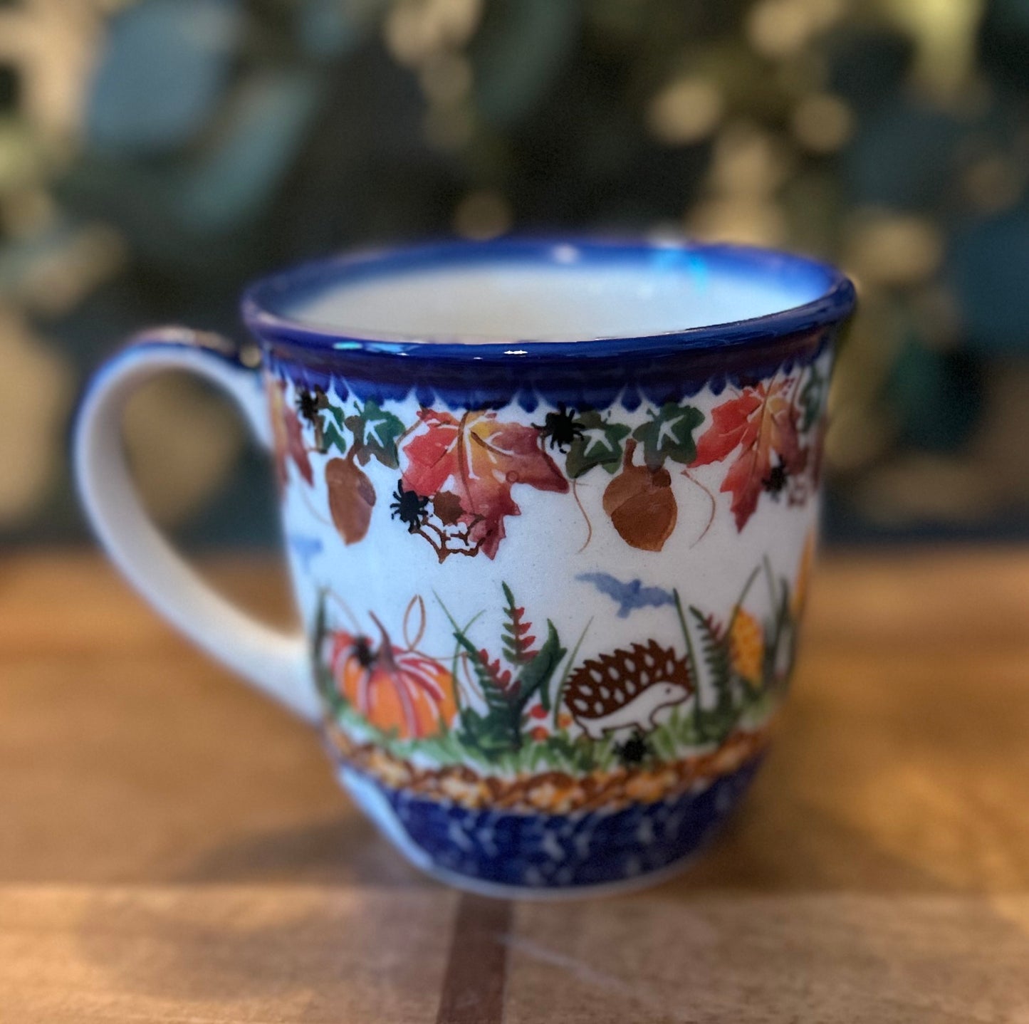 Kalich Polish Pottery, Art Level 1, Fall Hedgehog Pumpkin/Corn Field, Straight Mug 16 oz