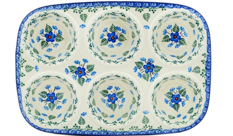 Ceramika Artystyczna Polish Pottery, Blue Blossom, Muffin Pan