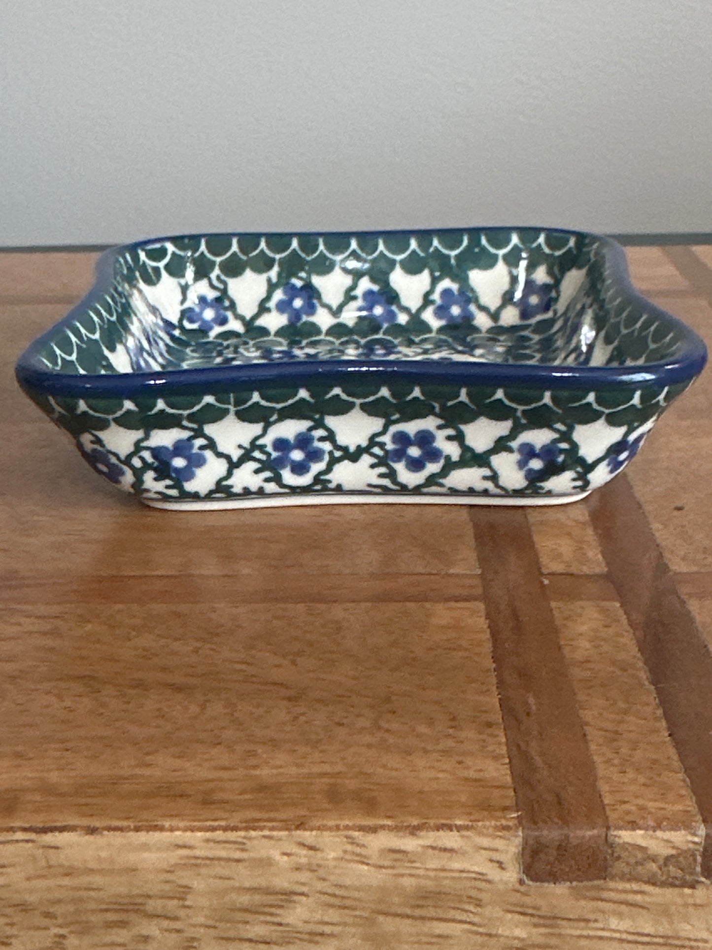 Ceramika Artystyczna Polish Pottery, Blue Flower 4" Square Bowl