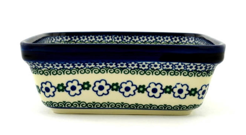 Ceramika Artystyczna Polish Pottery, White Daisy Dots, Square Bowl 8"
