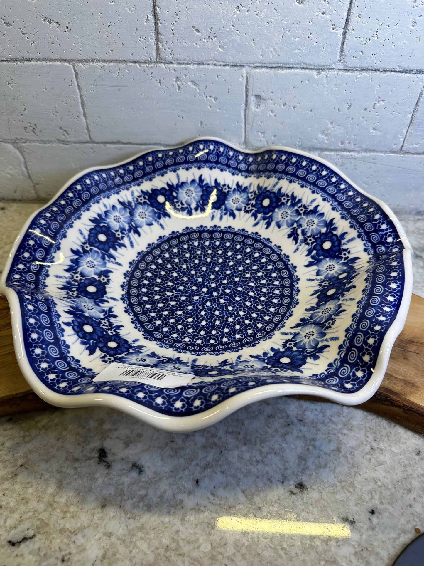 Kaola Polish Pottery, Signature Unikat, Cobalt Meadow, 11" Wavy Shallow Bowl