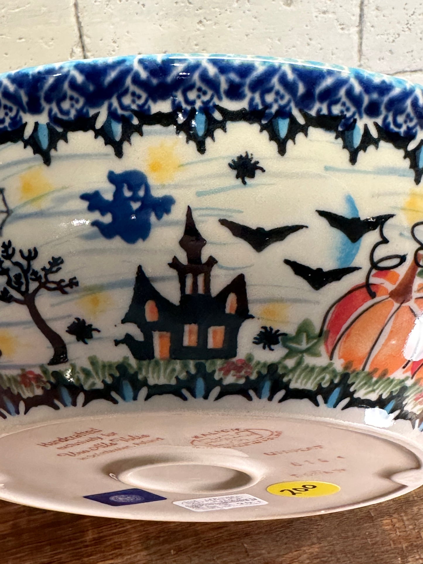 Kalich Polish Pottery, Unikat Halloween, Witches, Ghosts, Haunted House Handled Bowl/Server