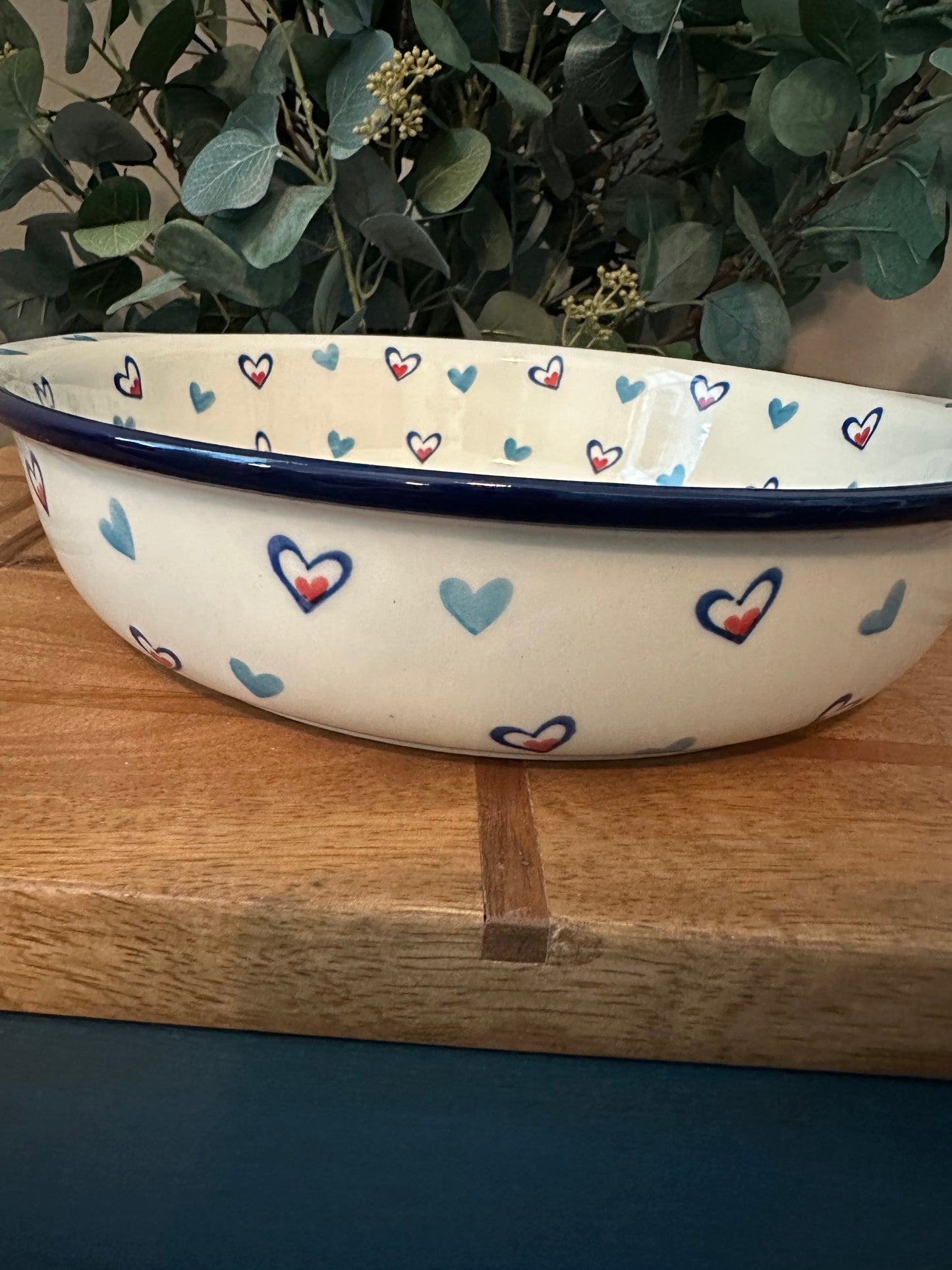 Ceramika Artystyczna Polish Pottery, Dancing Hearts, Round Baker with Handles
