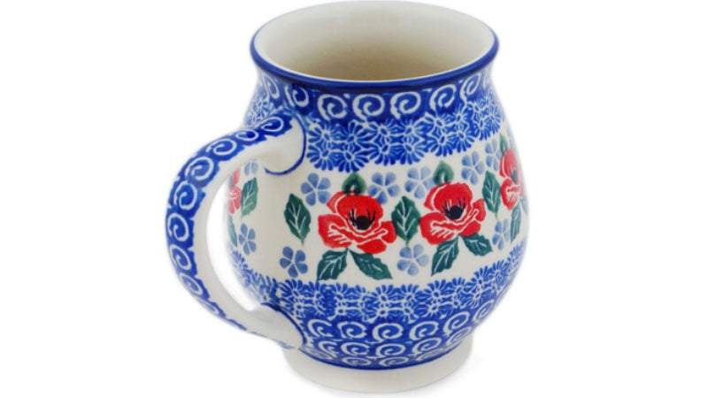Ceramika Artystyczna Polish Pottery, Red Poppies On Blue, Bubble Mug