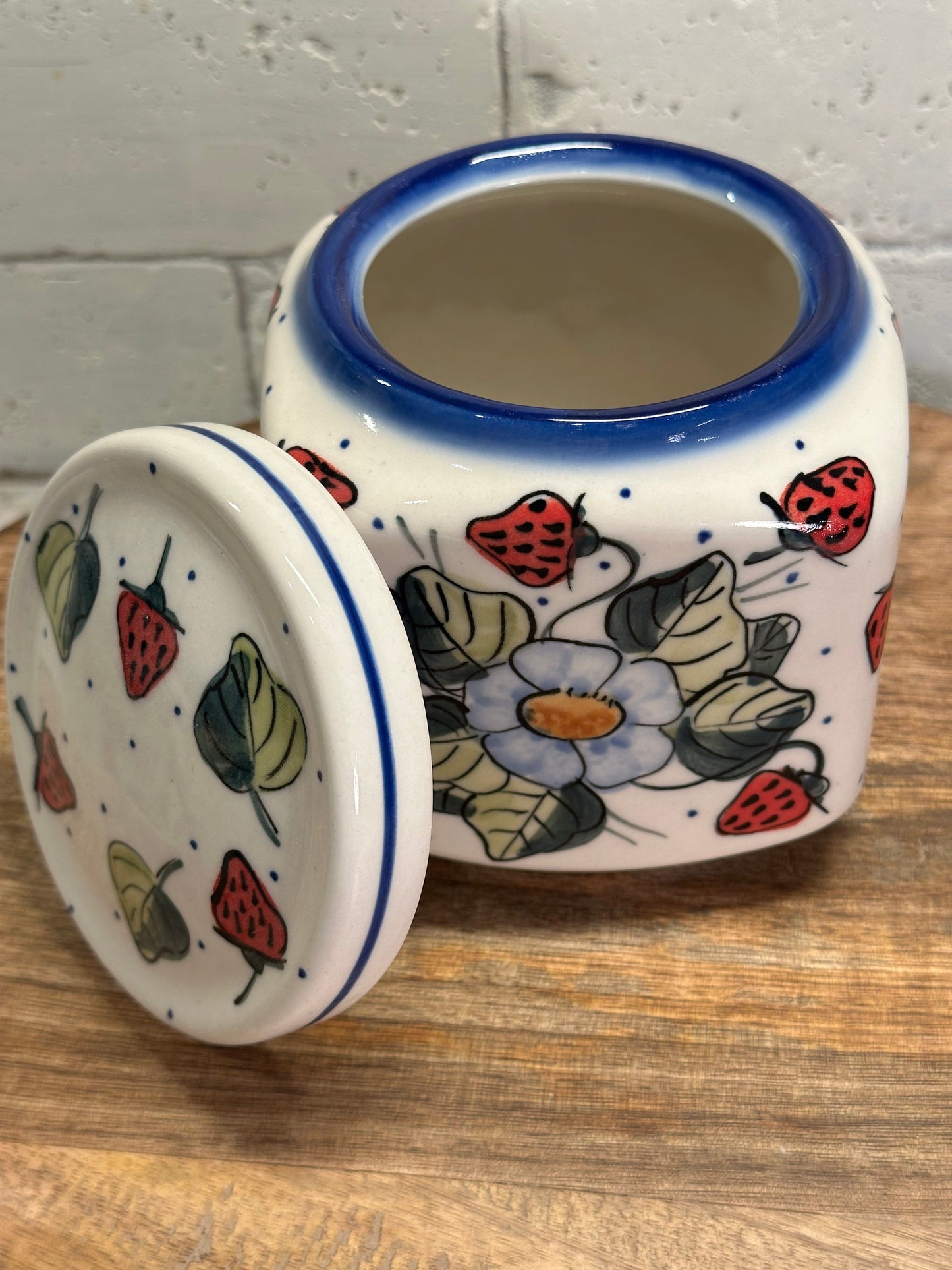 W.R. Polish Pottery, Signature Unikat, Strawberry Blossom, Square, Covered Canister