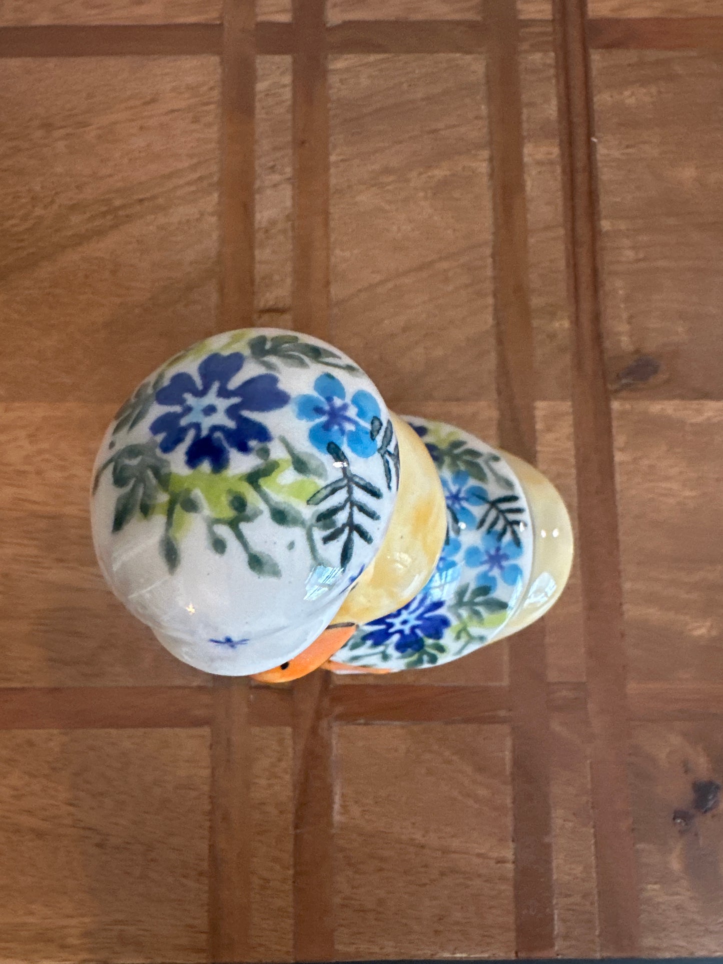 Vena Polish Pottery Purple and Blue Garden Duck with Mushroom Hat Figurine