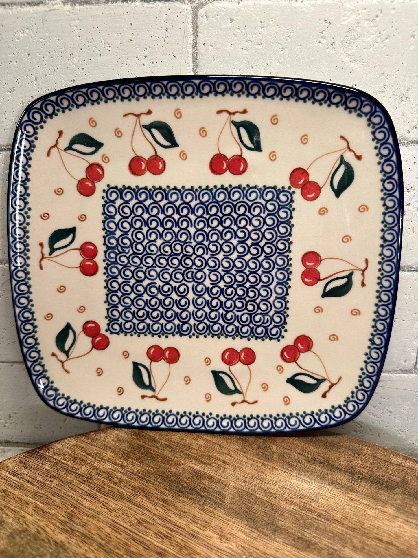 Millena Polish Pottery, Retro Cherry, Square Dinner Plate