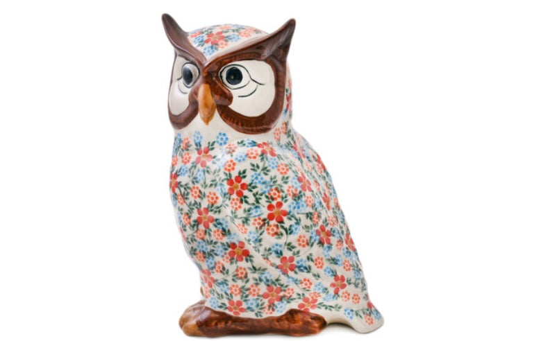 Andy Polish Pottery, Floral Frenzy, Owl Figurine, 9"