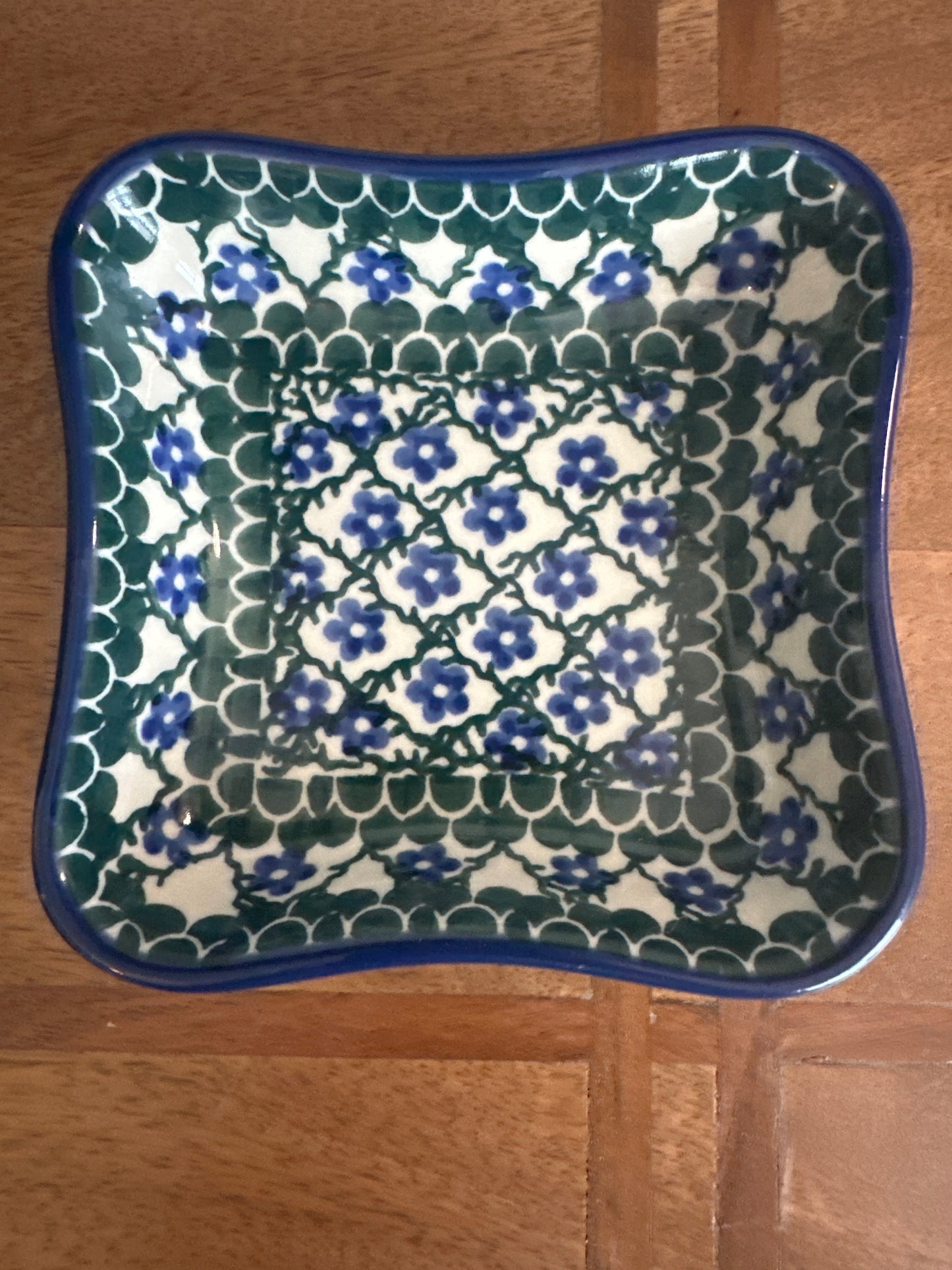 Ceramika Artystyczna Polish Pottery, Blue Flower 4" Square Bowl