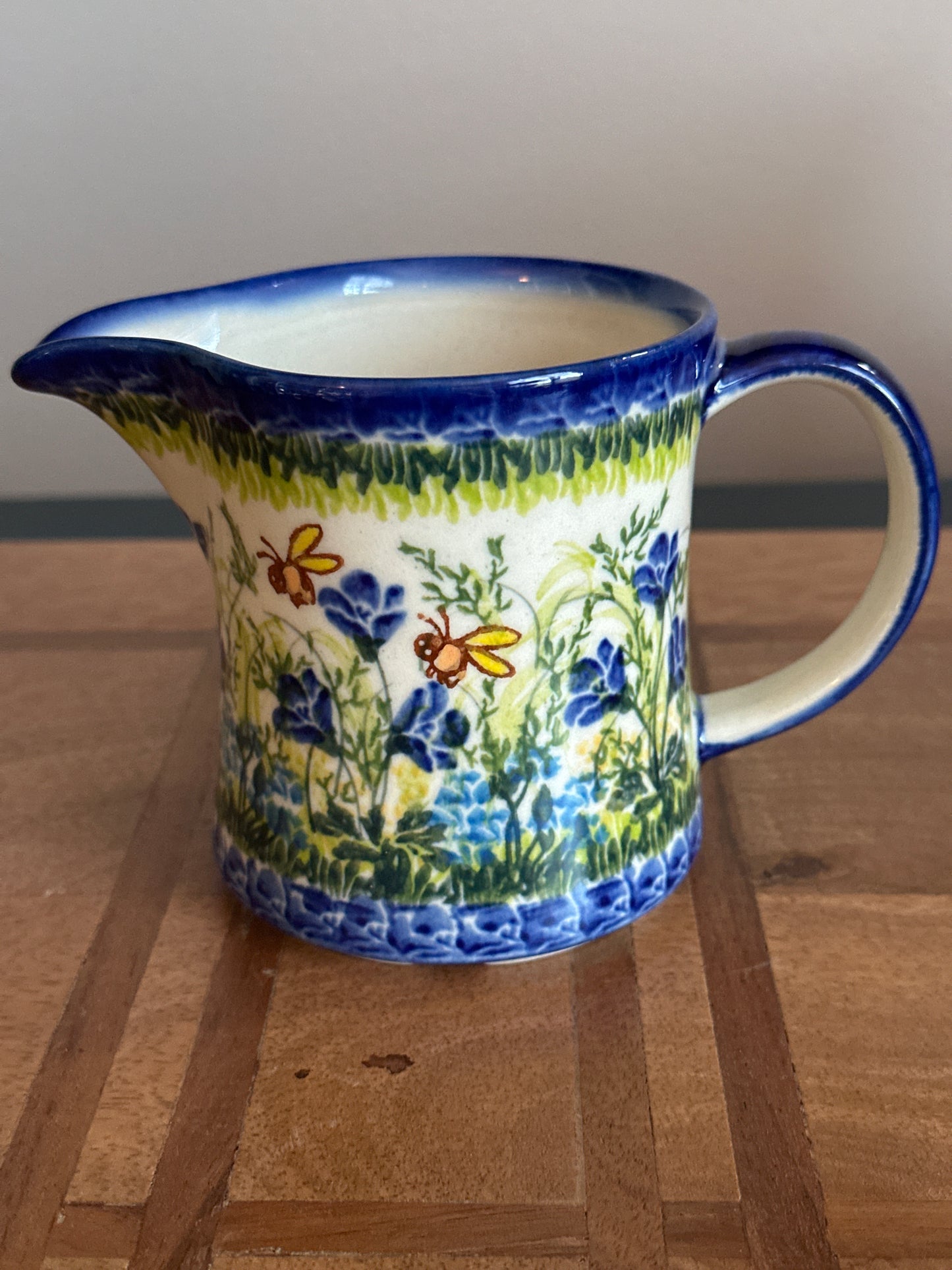 Kalich Polish Pottery,Art Level 1, Bee and Blue Flower Creamer