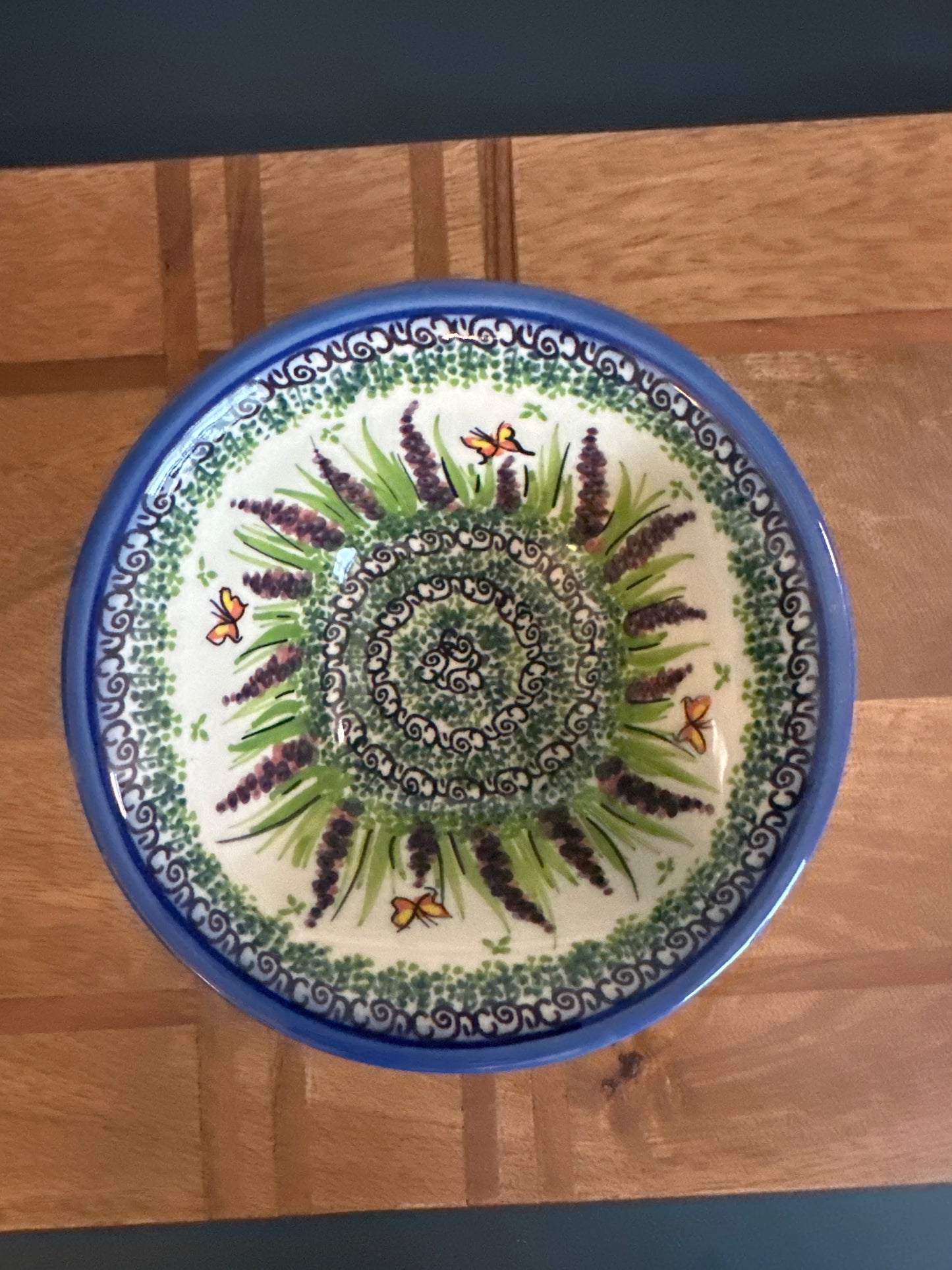 Galia Polish Pottery Lavender with Butterfly Large Pedestal Bowl