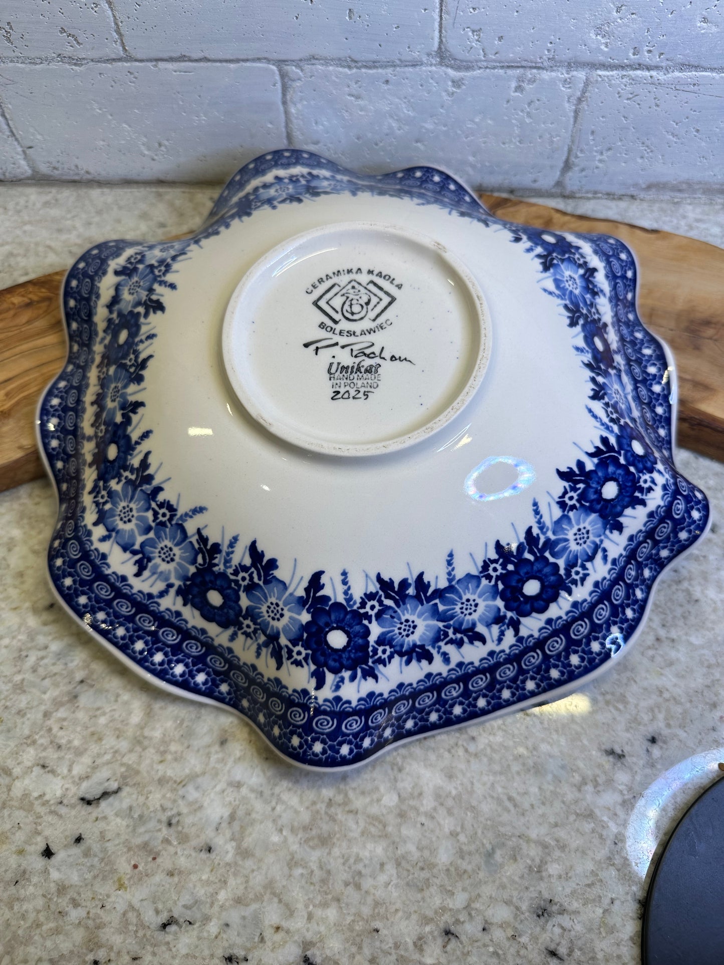 Kaola Polish Pottery, Signature Unikat, Cobalt Meadow, 11" Wavy Shallow Bowl