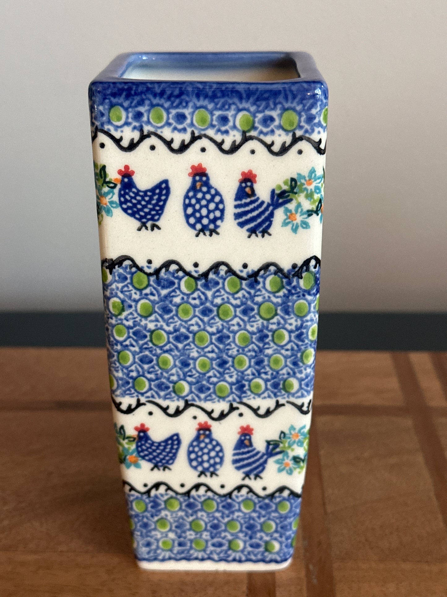 Galia Polish Pottery, Blue Chickens Vase
