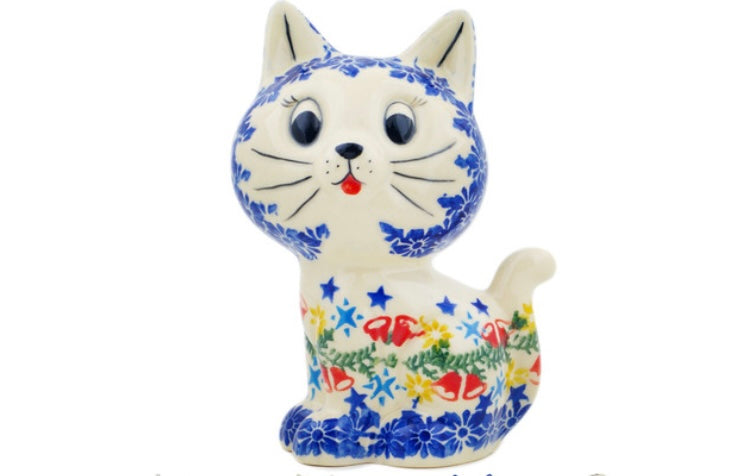 Ceramika Bona Polish Pottery, Wreath Of Bells, Cat Figurine