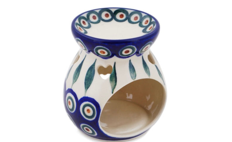 Ceramika Artystyczna Polish Pottery, Traditional Peacock Leaves, Aroma Oil Burner Lamp