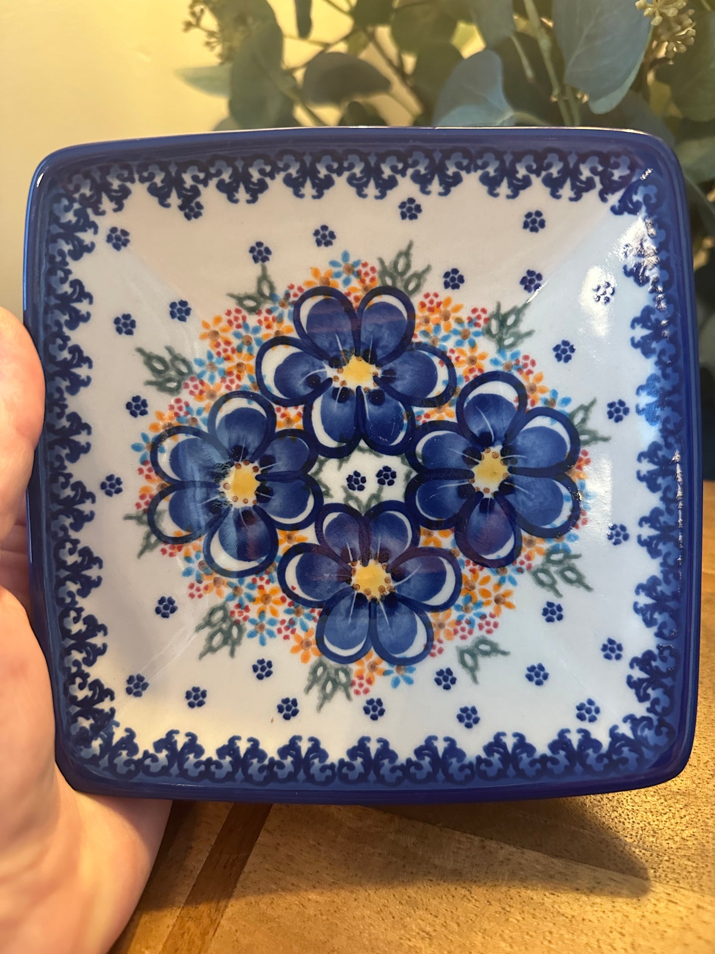 Vena Polish Pottery, Blue Blossom Small Square Dish