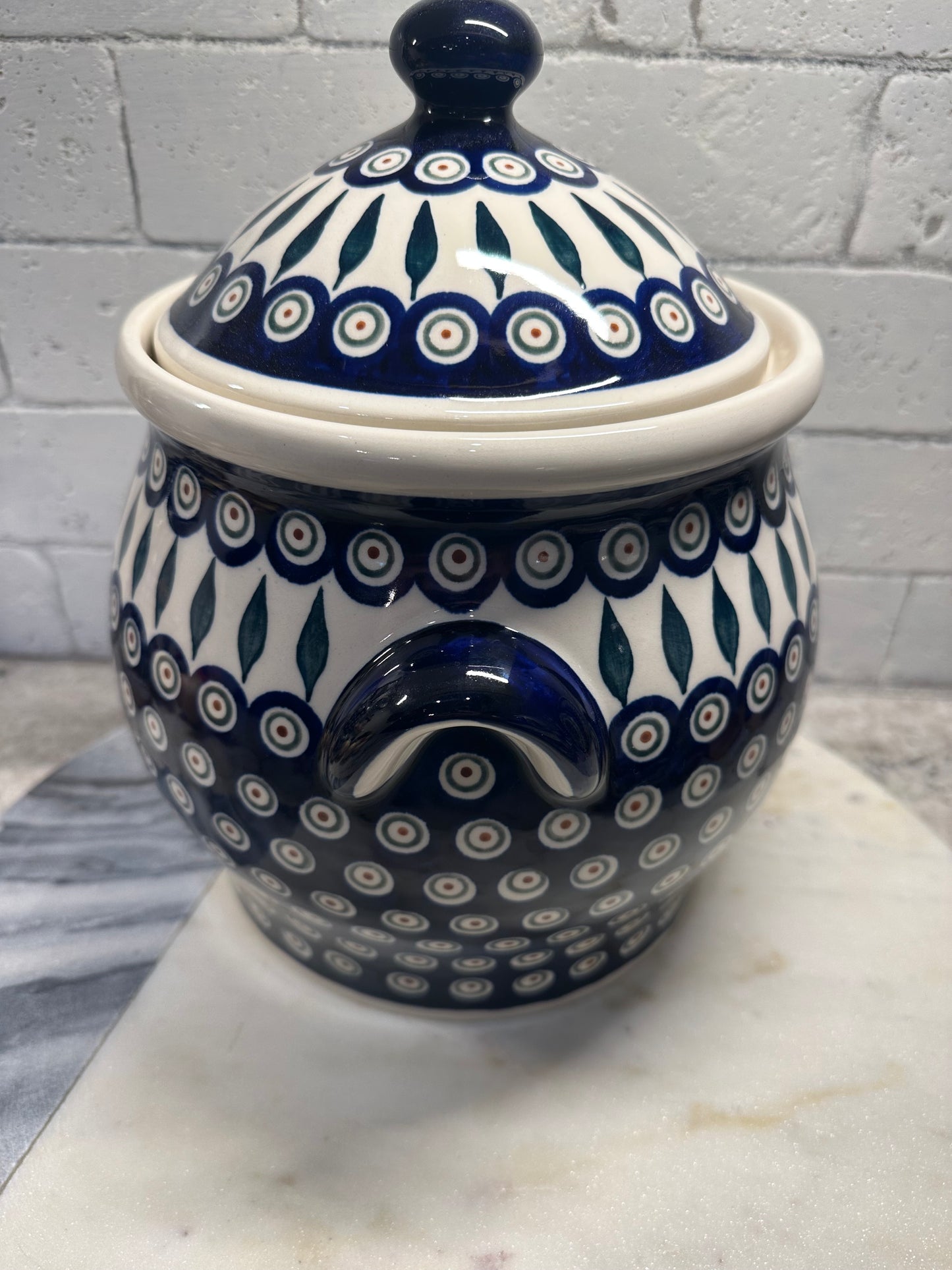 Ceramika Artystyczna Polish Pottery, Traditional Peacock Feather, XL Covered Jar, Preowned