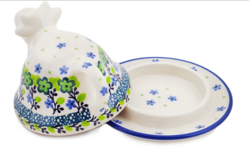 Ceramika Artystyczna Polish Pottery, Unikat Green Chrysanthemums, Cow Butter Dish