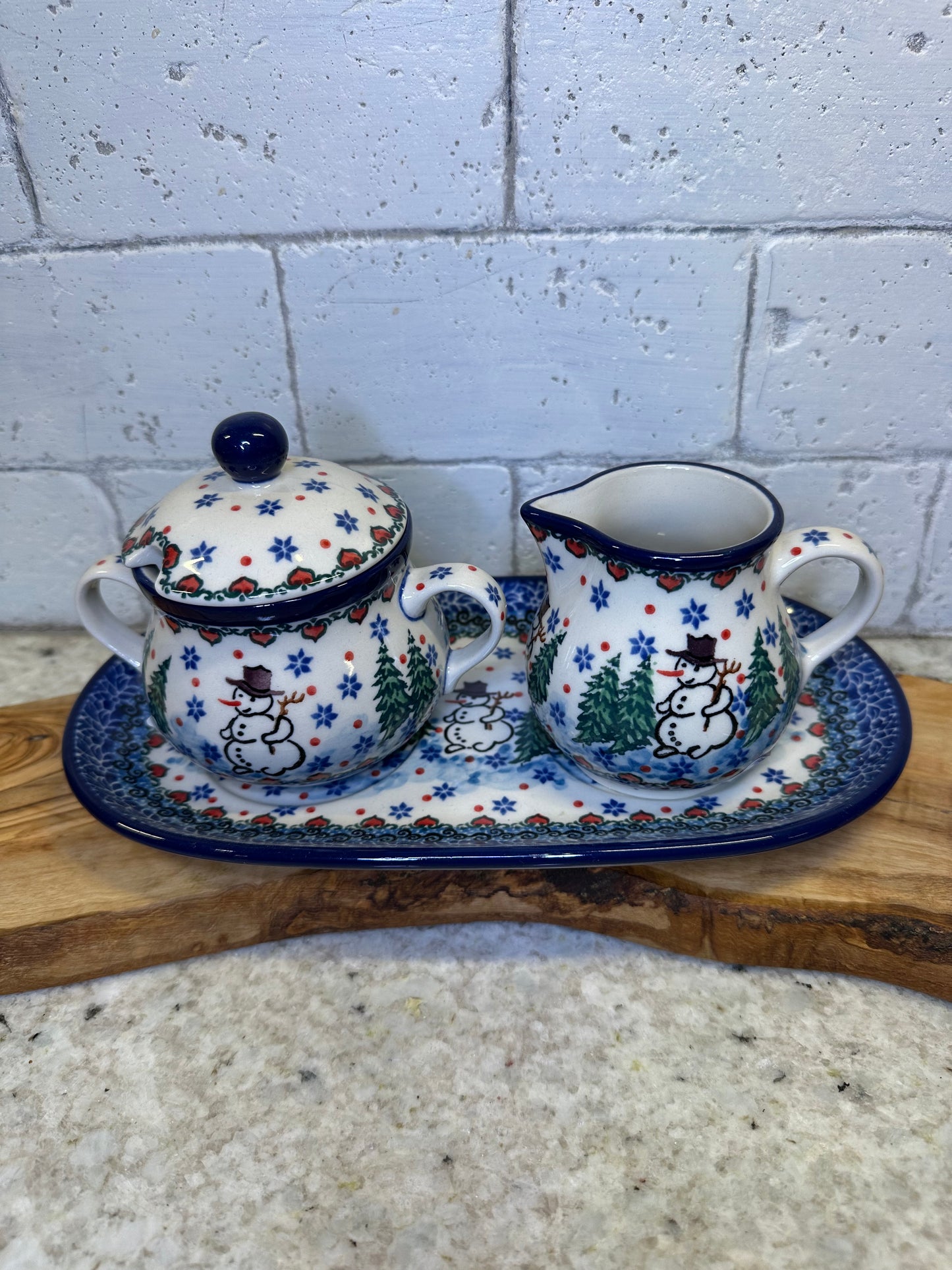 Ceramika Artystyczna Polish Pottery,Unikat 4661, Dancing Snowman Sugar & Creamer w/Plate Set