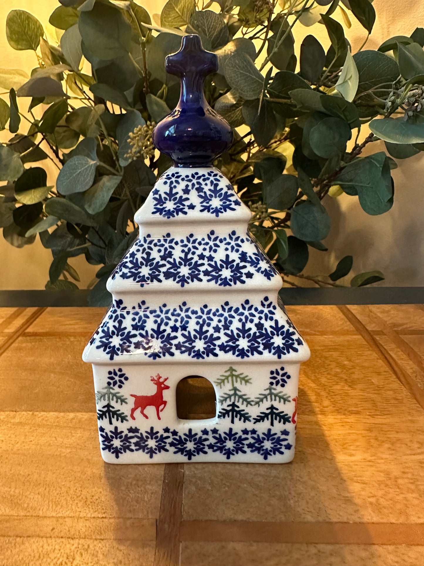 Manufaktura Polish Pottery, Church Luminary, Reindeer Snow & Trees