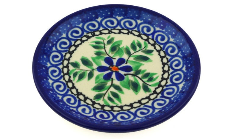 Ceramika Artystyczna Polish Pottery, Blue Daisy Swirls, Mini Plate/Coaster