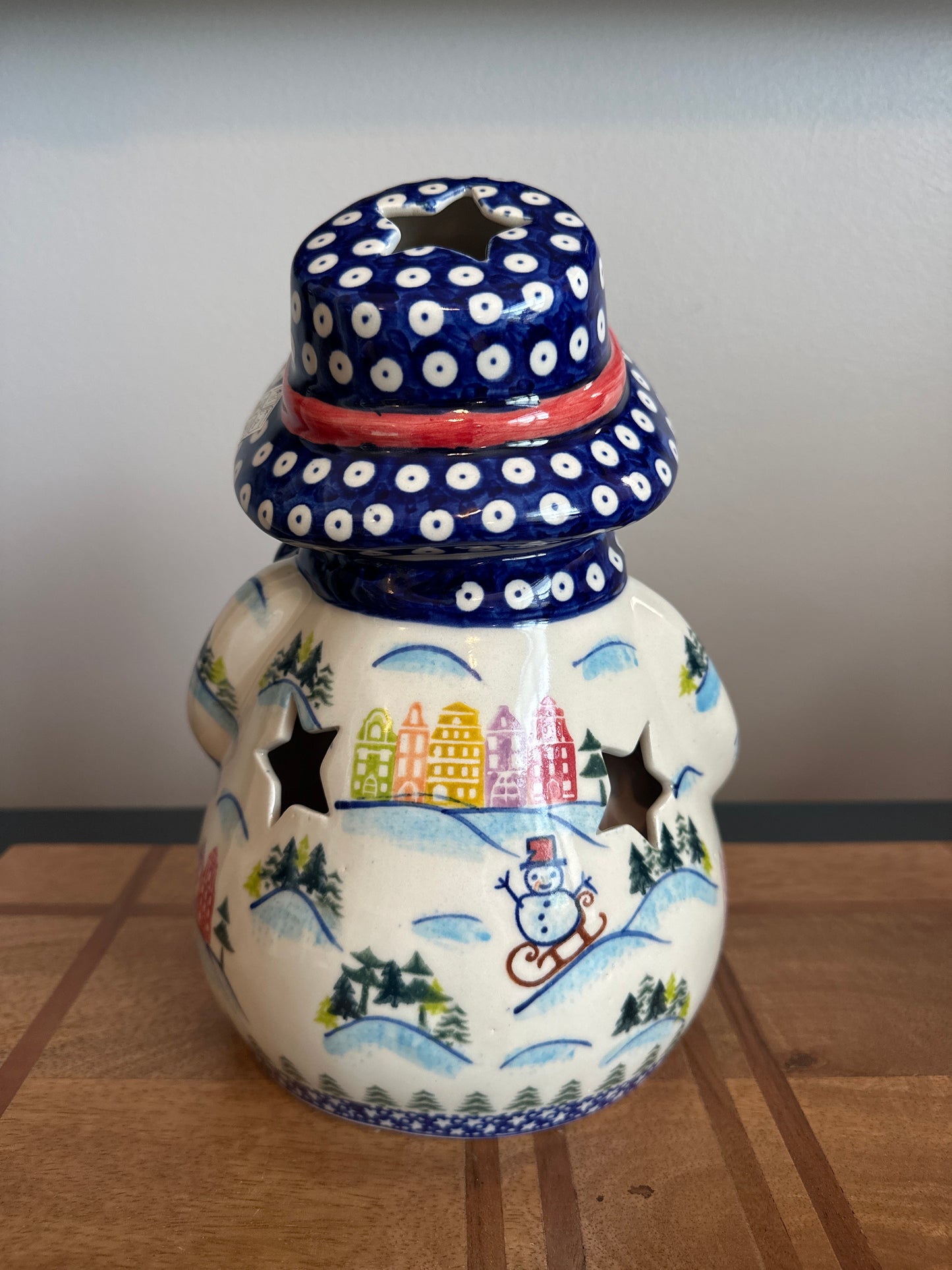 Vena Polish Pottery Snowman Sleigh Colored Houses Carrot Nose Luminary Snowman
