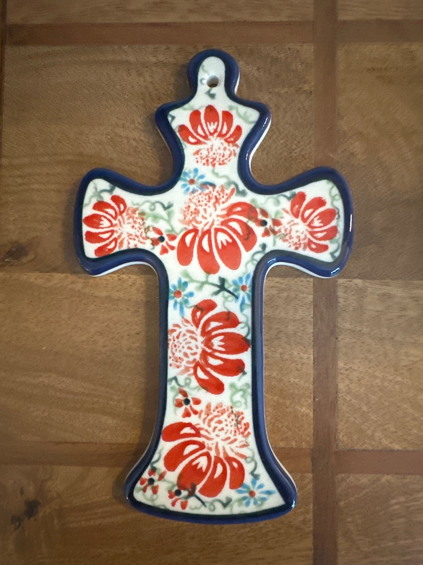 Zaklady Polish Pottery, 8" x 4.5" Hanging Cross Pattern: Flower Parade
