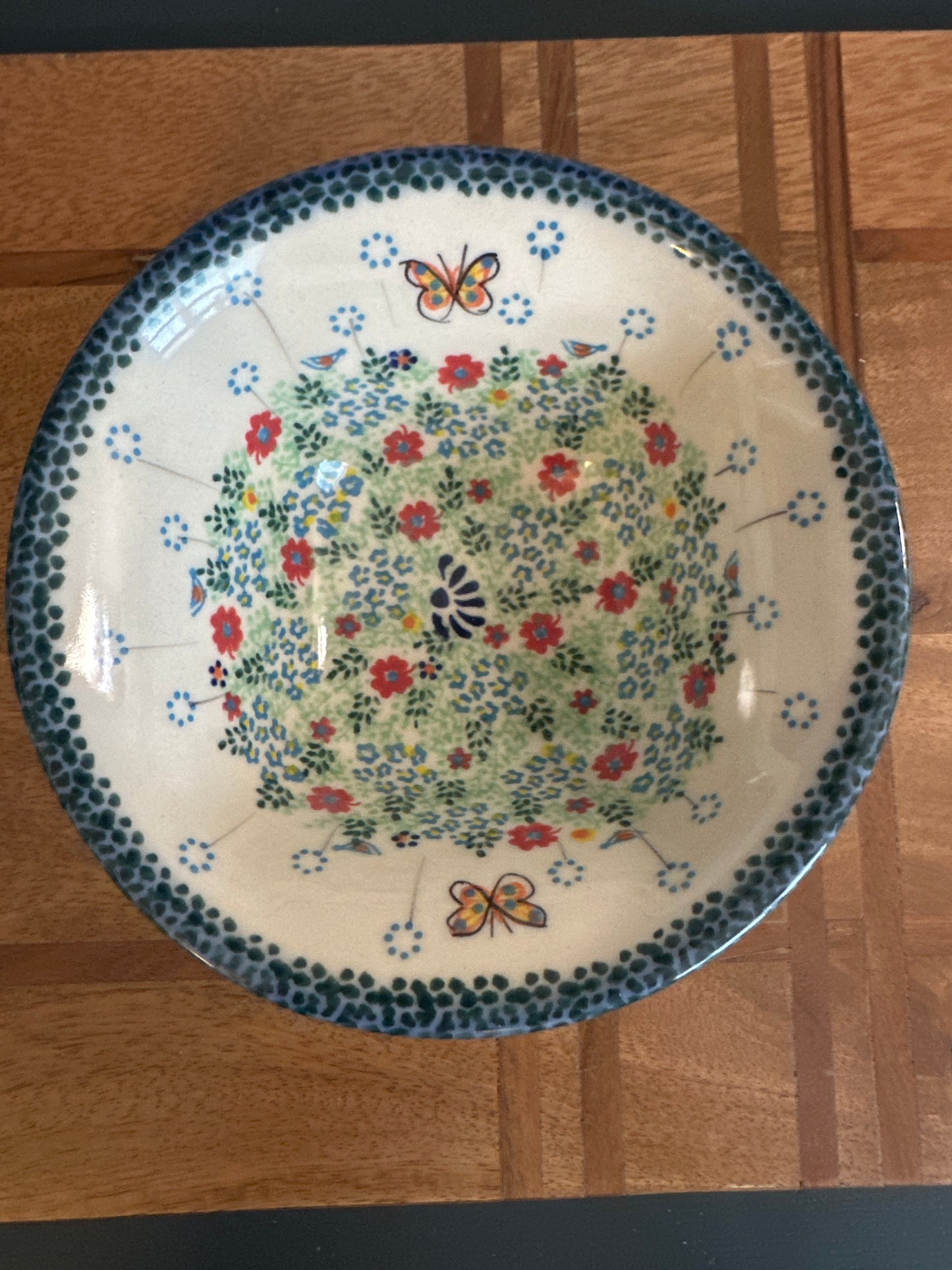 Galia Polish Pottery Wildflower with Butterfly Large Pedestal Bowl
