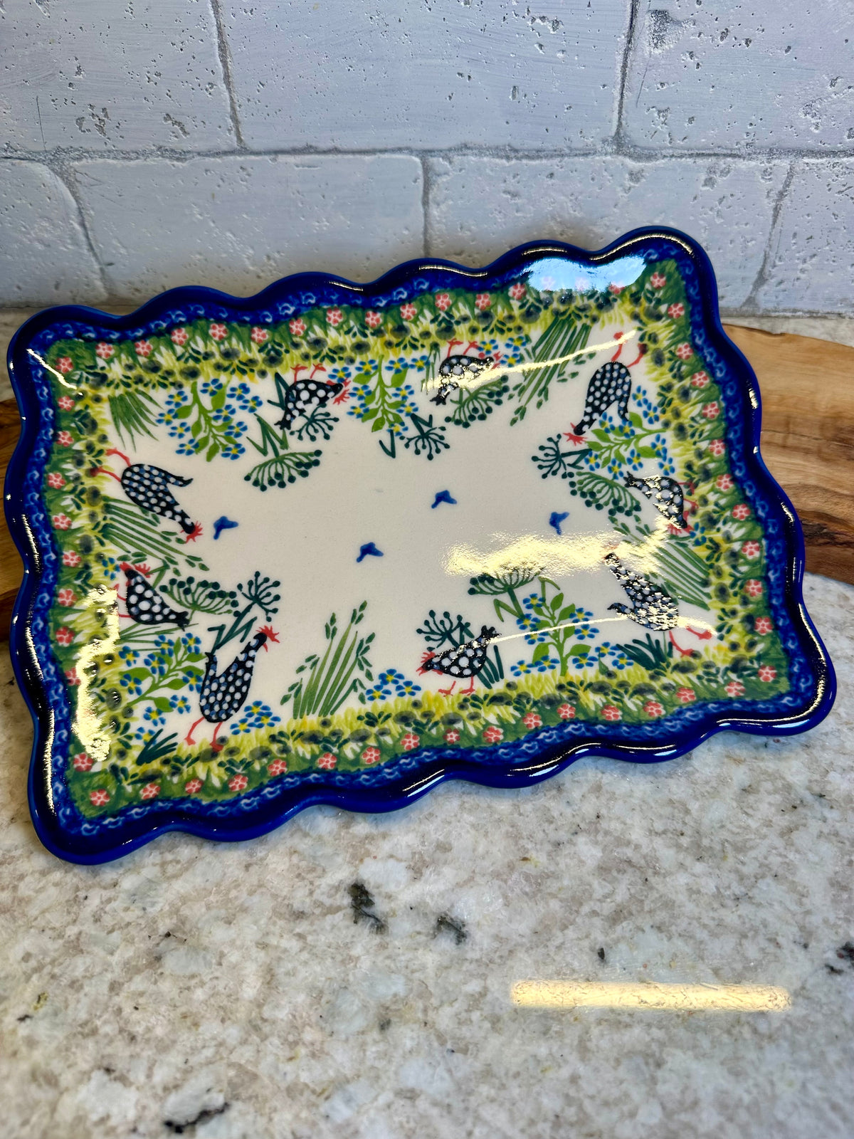 Kalich, A1, Black Polka Chicken, Ruffled Rectangular Platter 9.75"