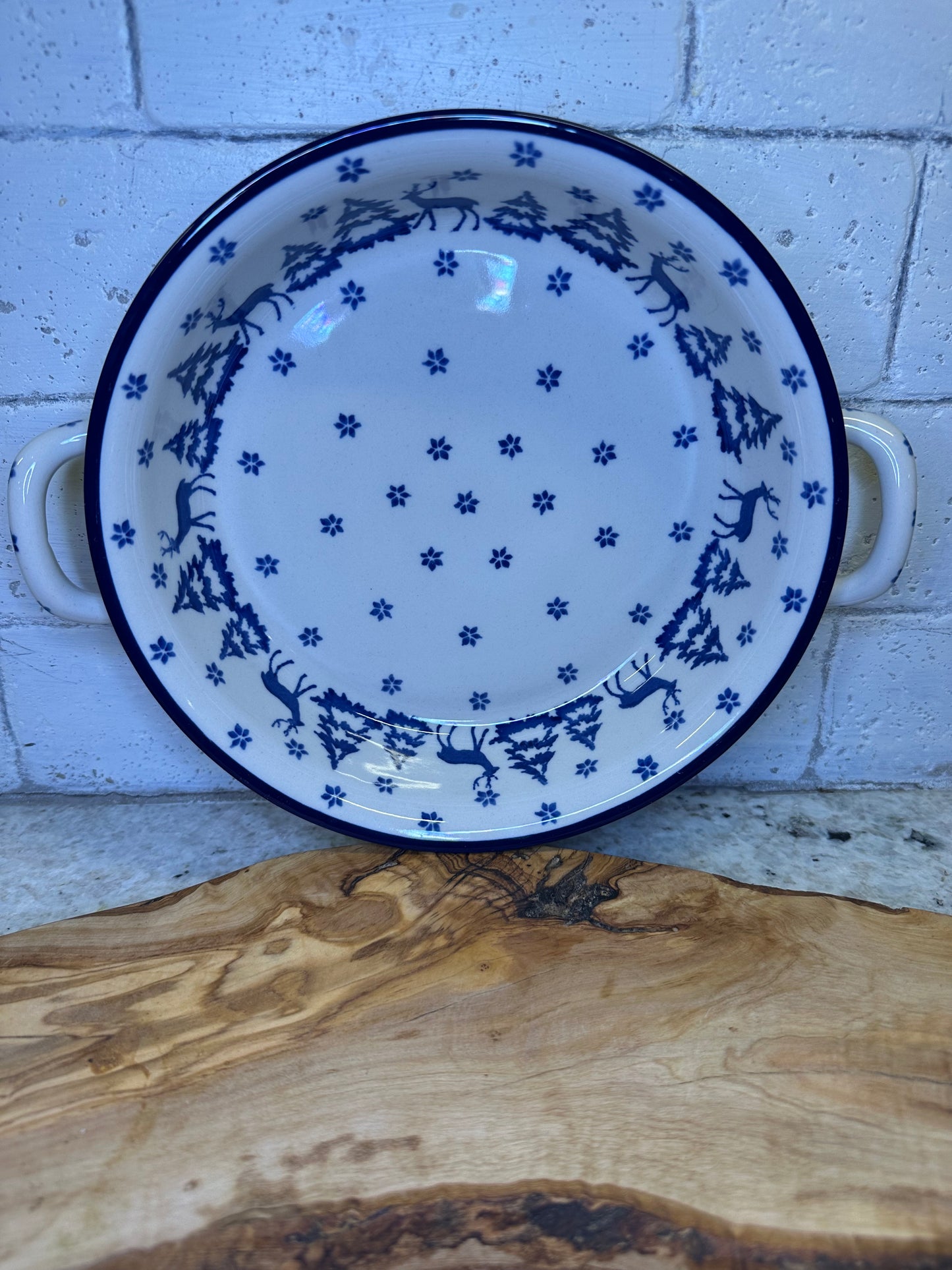 Ceramika Artystyczna Polish Pottery, Winter Deer, Medium Round Baker with Handles
