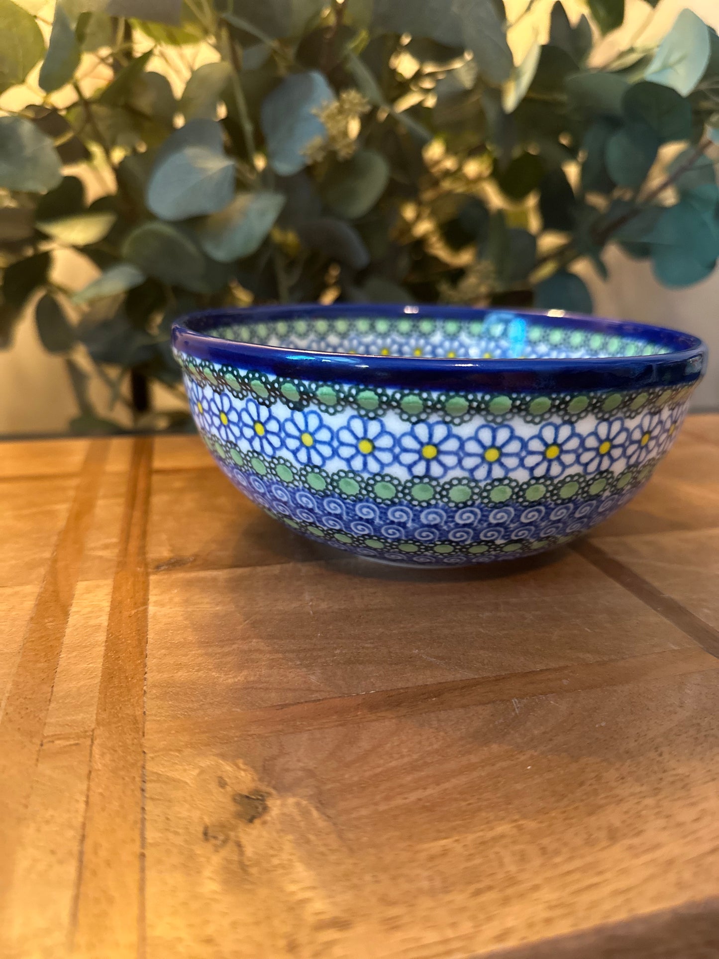 Kalich Polish Pottery, Art Level, Blue, Green, Daisy Bowl 6.5"