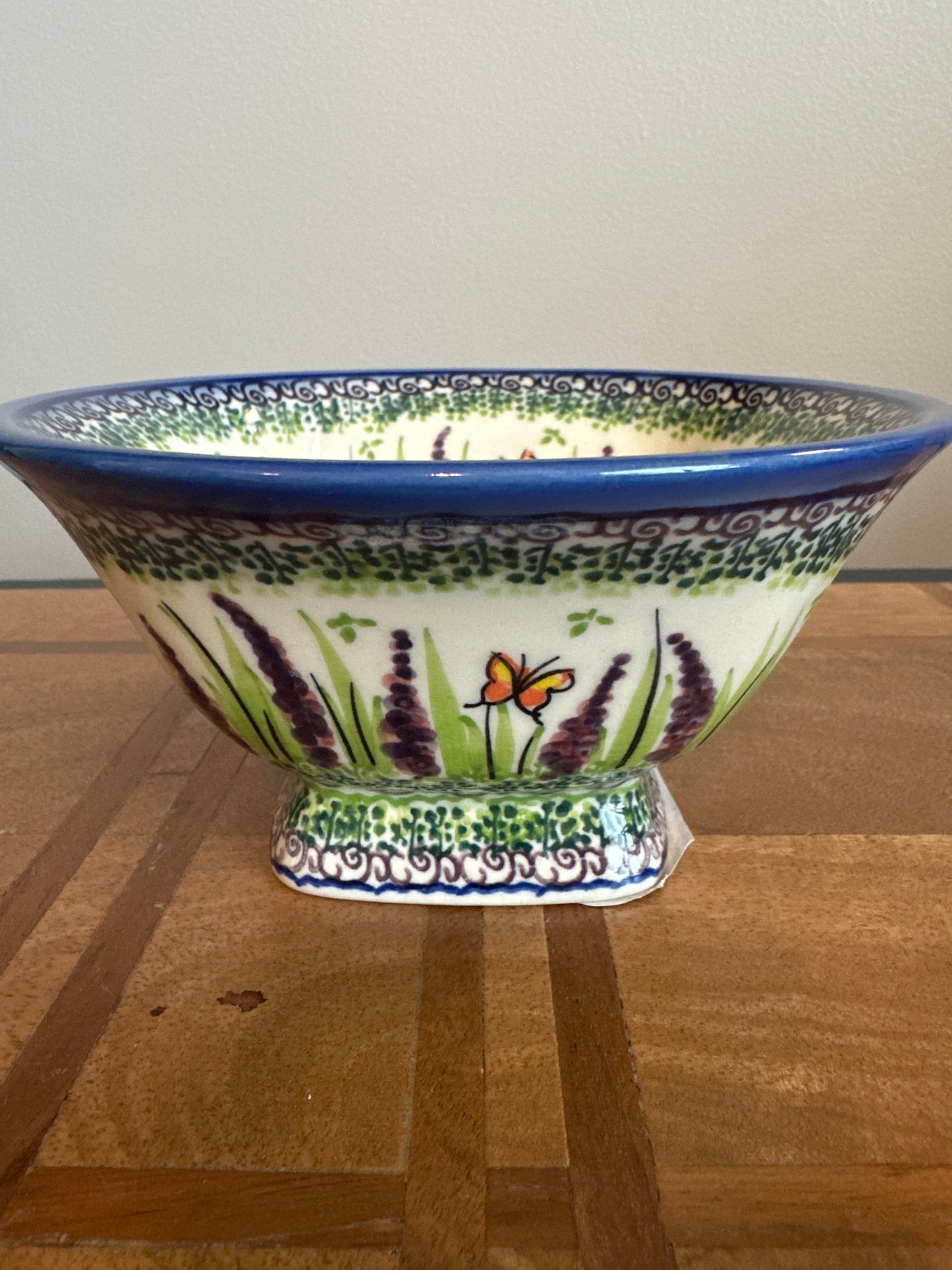 Galia Polish Pottery Lavender with Butterfly Large Pedestal Bowl