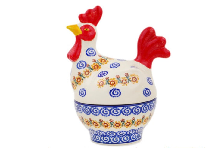 Ceramika Artystyczna Polish Pottery, Rustic Sunflower Chain, Covered Chicken Jar