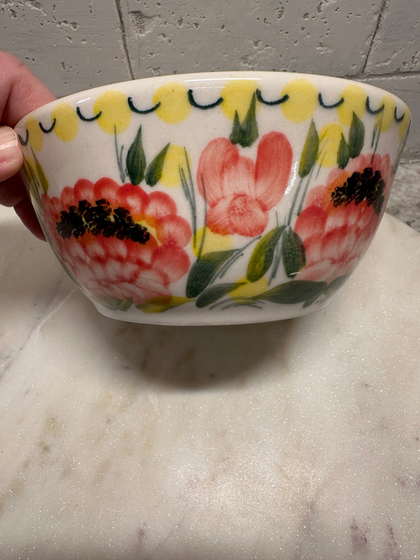 CER-A-NEILA Polish Pottery, Pink Floral with Yellow/Green Bowl, Preowned