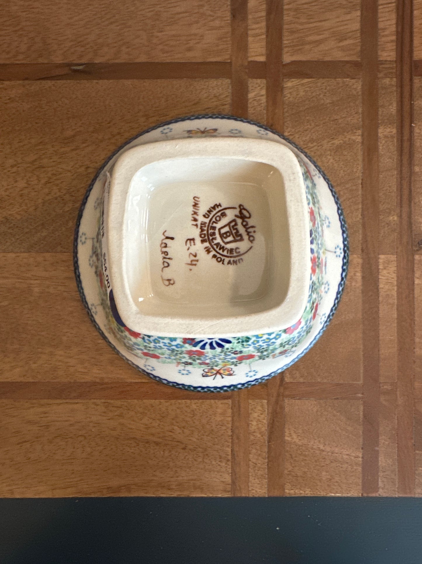 Galia Polish Pottery Wildflower with Butterfly Large Pedestal Bowl