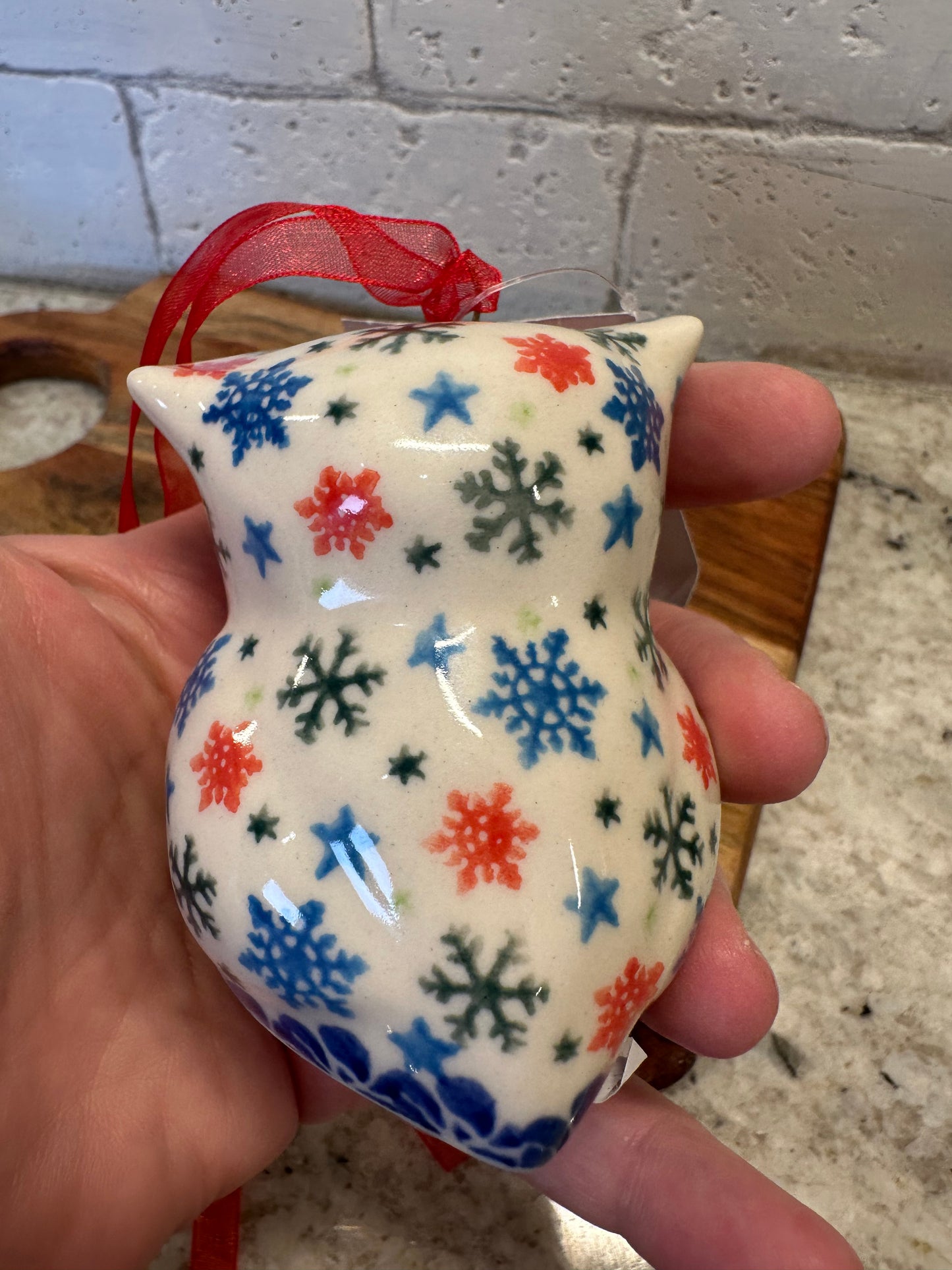 Kalich, Blue/Red Snowflakes, Owl Ornament