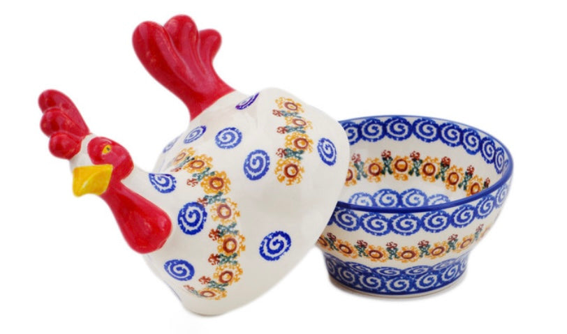 Ceramika Artystyczna Polish Pottery, Rustic Sunflower Chain, Covered Chicken Jar