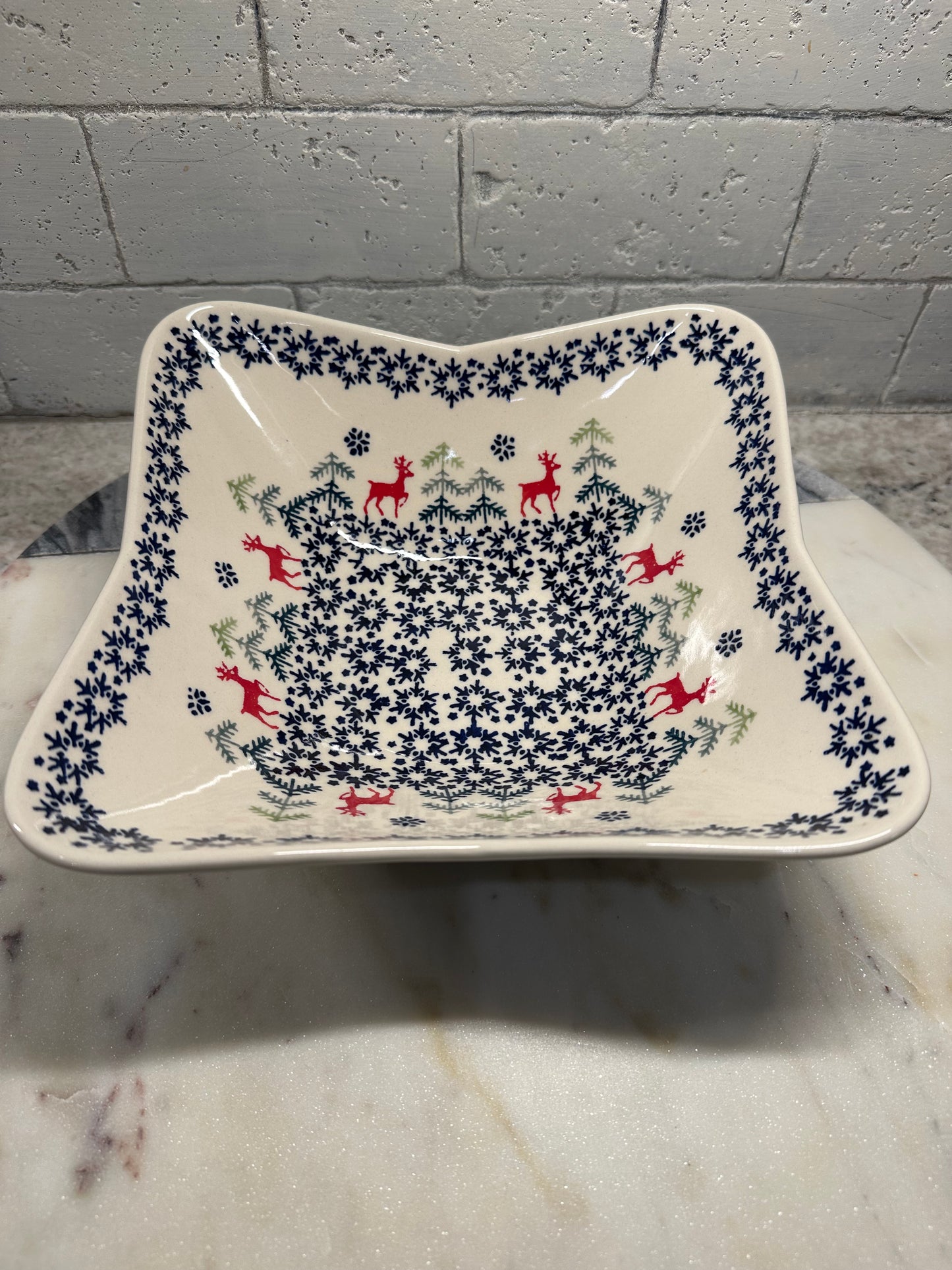 Manufaktura Polish Pottery, Winter Reindeer, Wavy Square Bowl