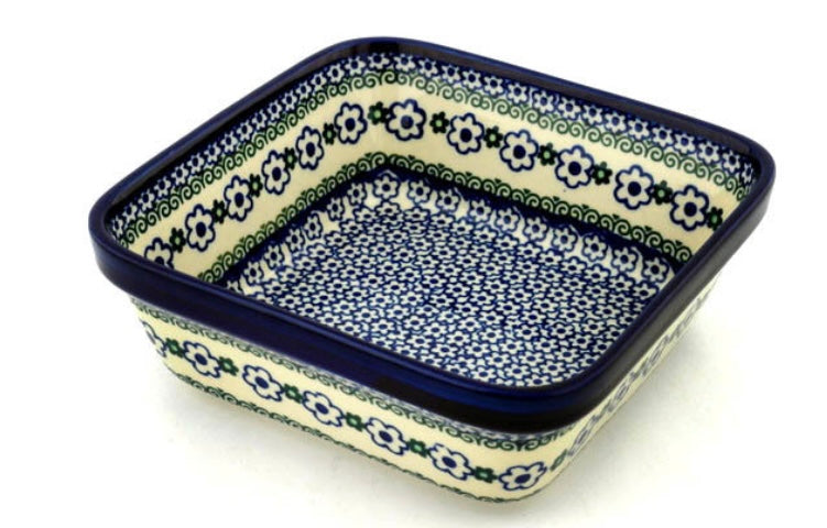 Ceramika Artystyczna Polish Pottery, White Daisy Dots, Square Bowl 8"