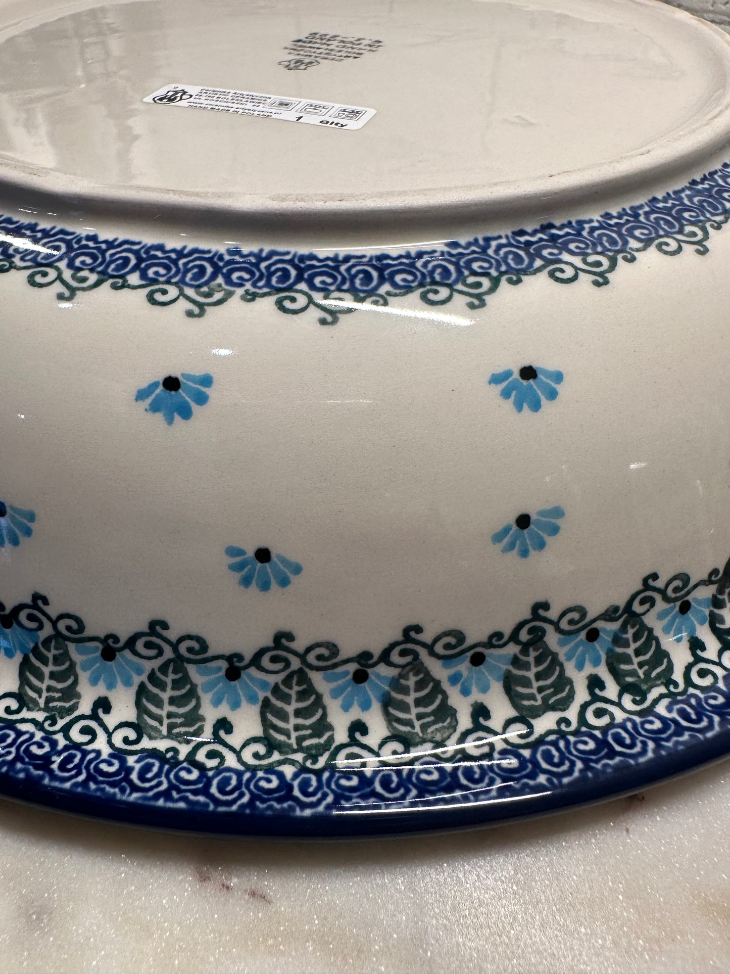 Ceramika Artystyczna Polish Pottery, Blue Forget Me Not, 14" Large Bowl, Preowned