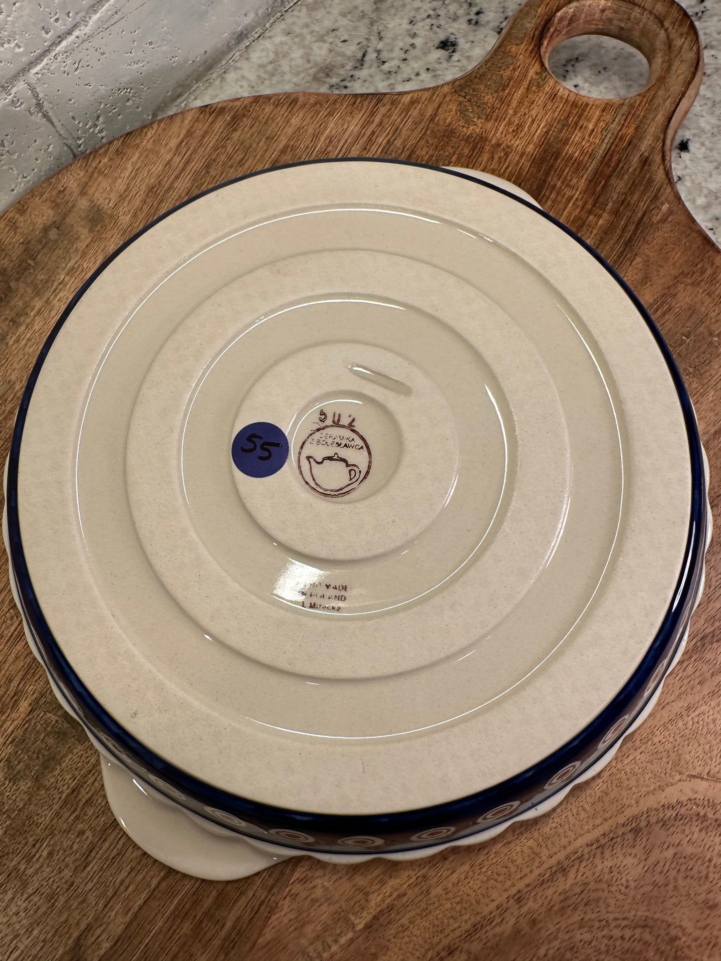 Zaklady Polish Pottery, Traditional Peacock Feather, Handled Pie Baker