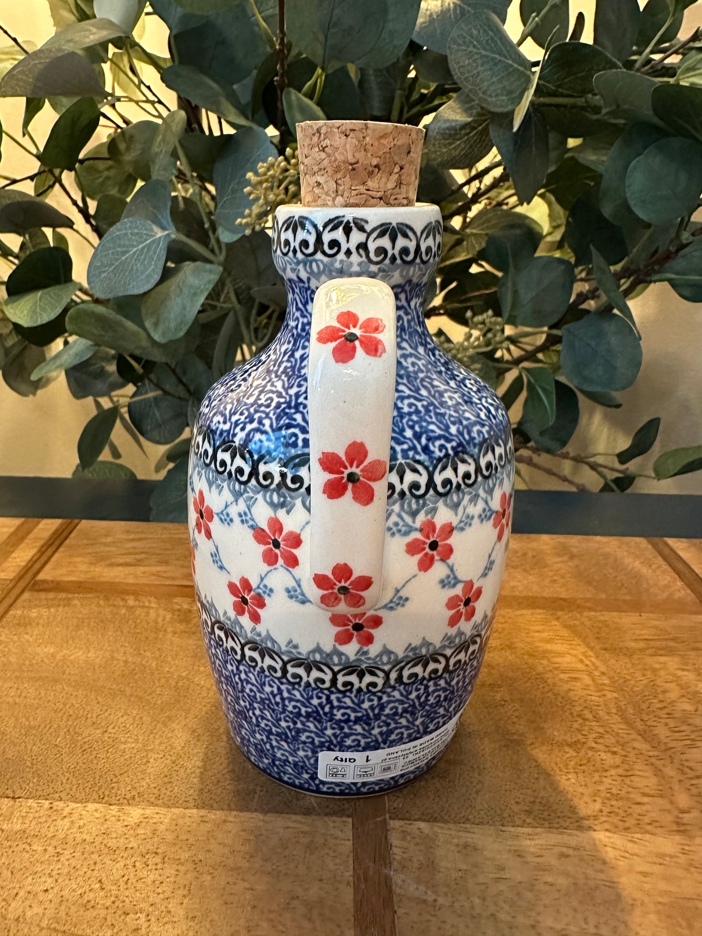 Ceramika Artystyczna Polish Pottery, Red Forget Me Nots, Bottle